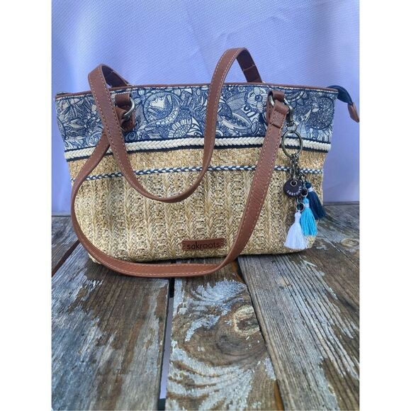 Sakroots Blue Natural Straw Tote Bag Canvas Trim Tassel Hanging Charm Summer - Picture 1 of 8